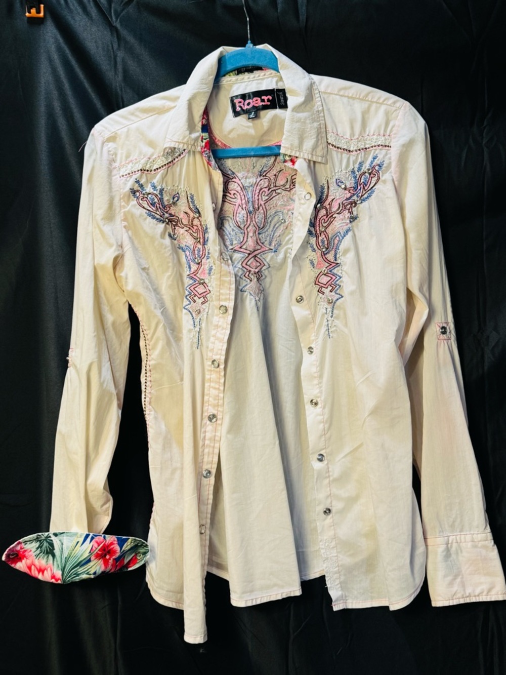 Roar Cream Button-Down Shirt with Pink and Blue Embroidery